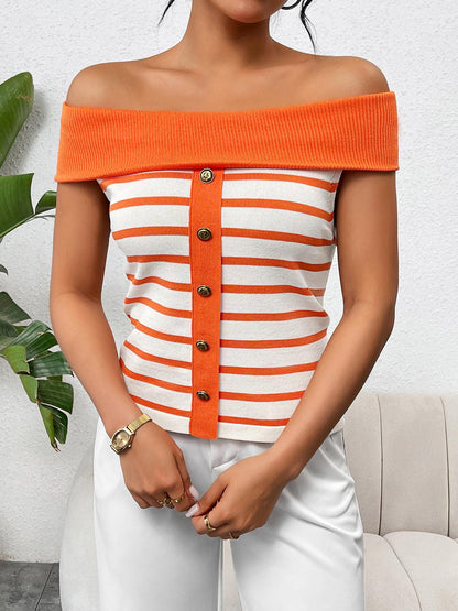 Decorative Button Striped Off-Shoulder Knit Top - KevRow5760