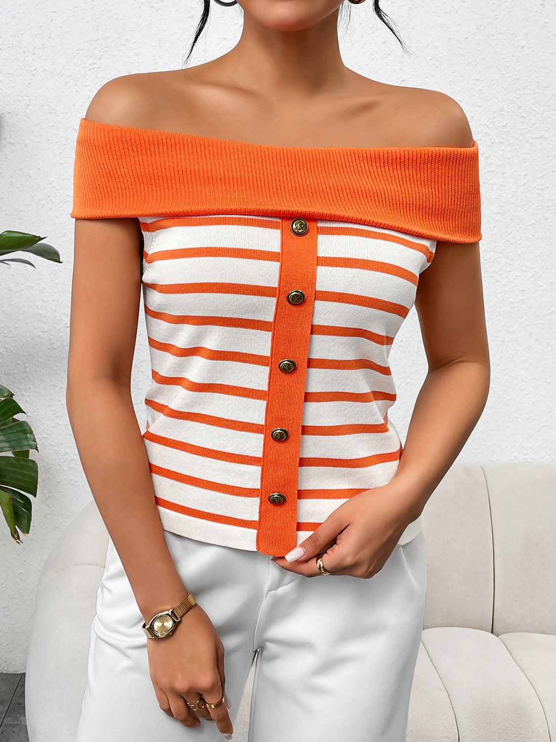 Decorative Button Striped Off-Shoulder Knit Top - KevRow5760