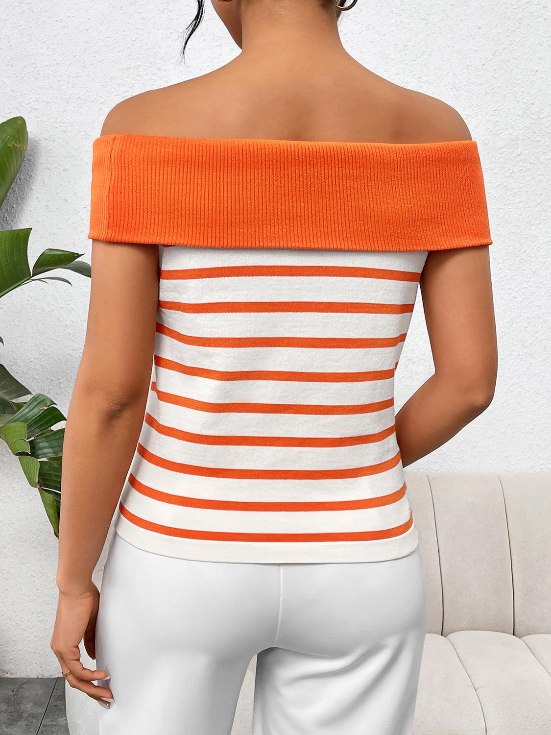 Decorative Button Striped Off-Shoulder Knit Top - KevRow5760