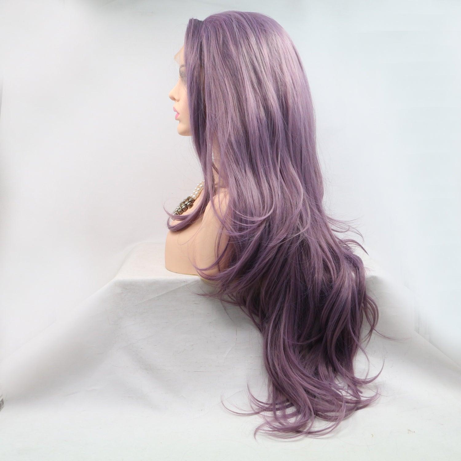 Lavender purple wavy synthetic wig with 24-inch long hair and 130% density, showcased on a white background.