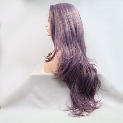 Lavender purple wavy synthetic wig with 24-inch long hair and 130% density, showcased on a white background.