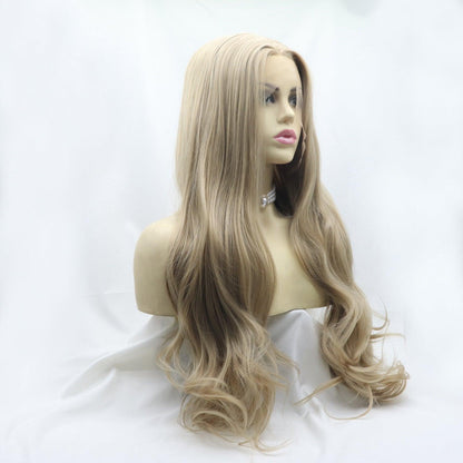 Elegant long blonde wig with wavy curls and lace front hairline for natural-looking wear