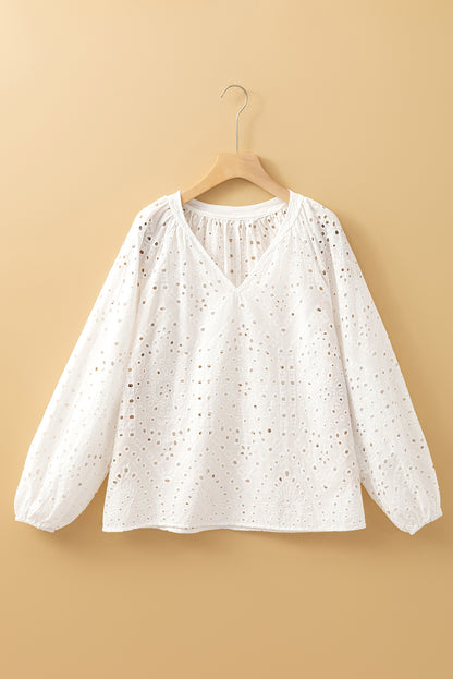 White Eyelet Embroidered Puff Sleeve V Neck Blouse