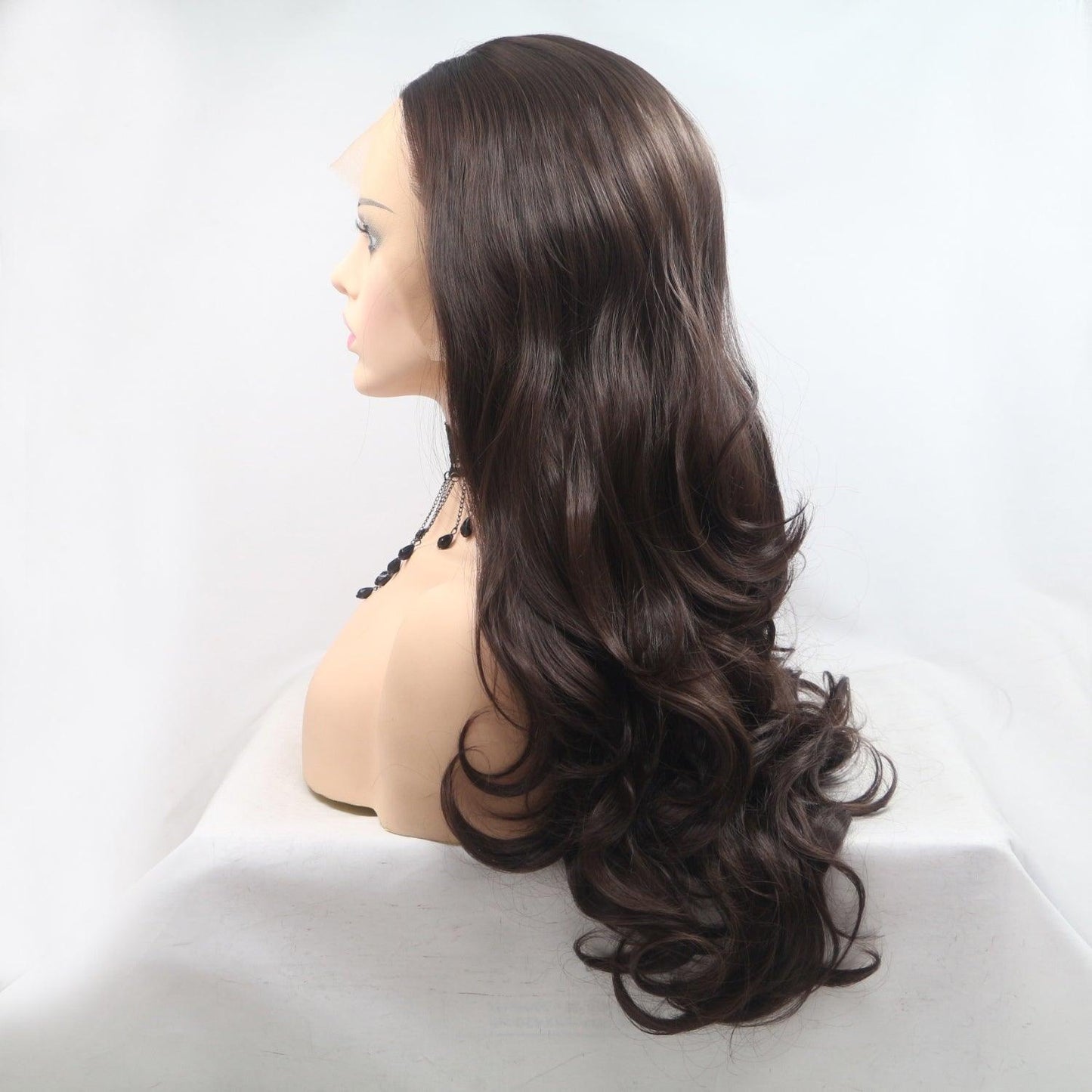 Striking long wavy dark brown synthetic wig with 130% density and a lace front for natural styling.