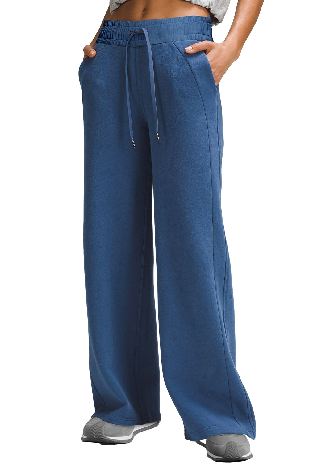 Sail Blue Drawstring High Waist Wide Leg Pocketed Pants