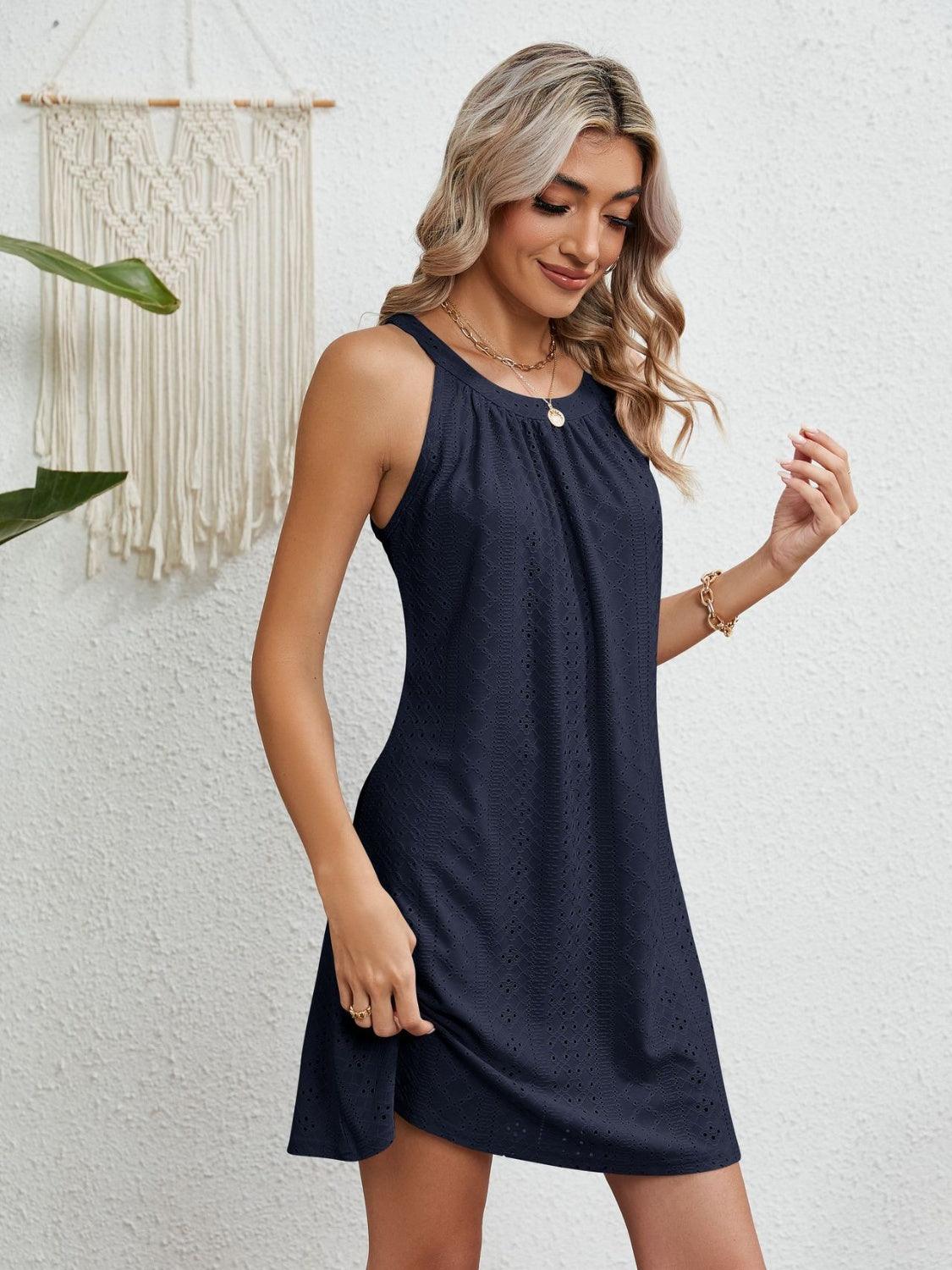 Eyelet Grecian Neck Mini Dress - KevRow5760