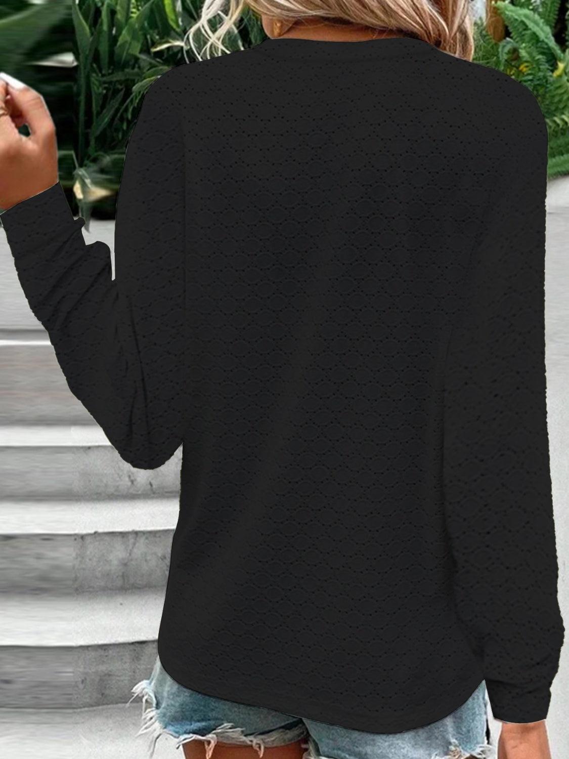 Eyelet Notched Long Sleeve T-Shirt - KevRow5760