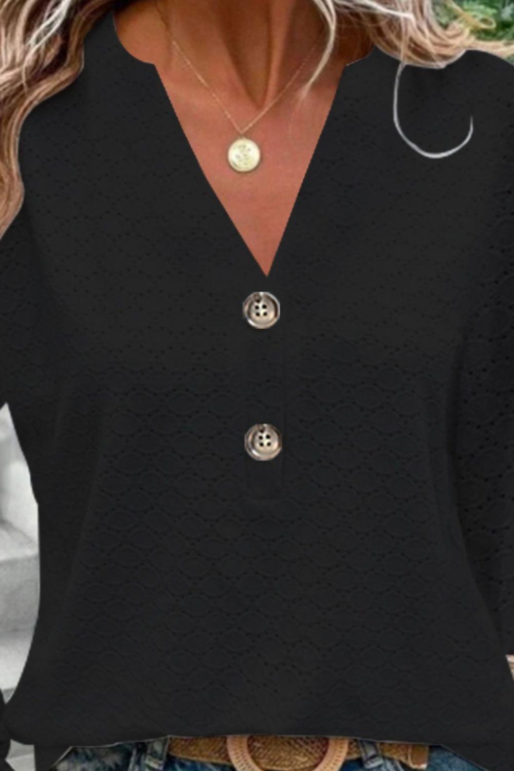 Eyelet Notched Long Sleeve T-Shirt - KevRow5760