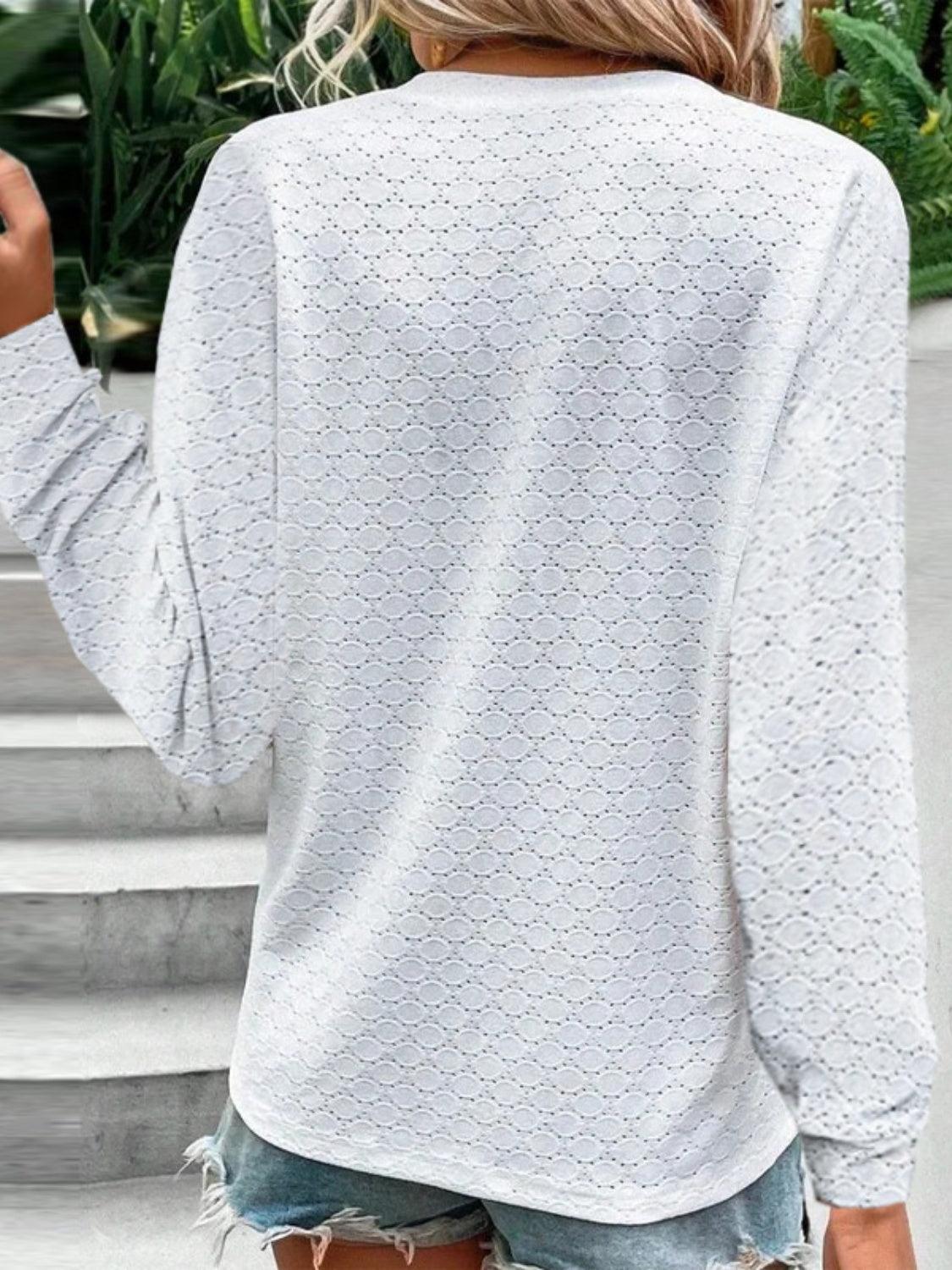 Eyelet Notched Long Sleeve T-Shirt - KevRow5760