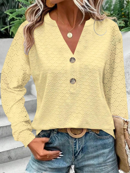 Eyelet Notched Long Sleeve T-Shirt - KevRow5760