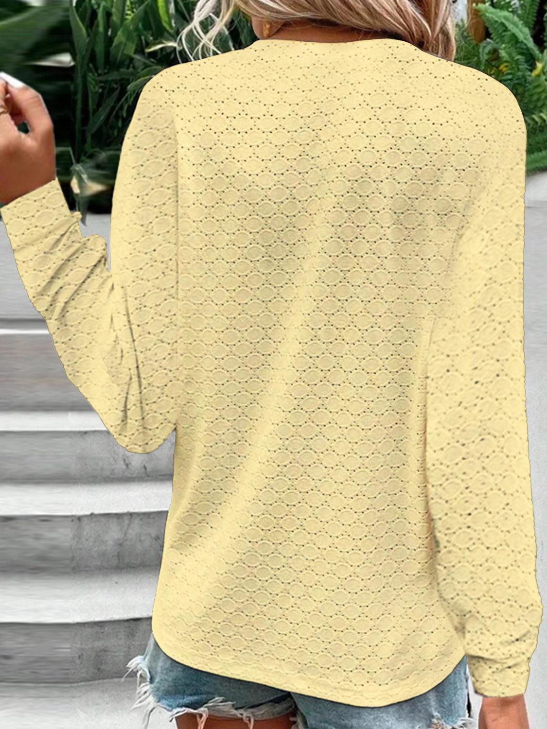 Eyelet Notched Long Sleeve T-Shirt - KevRow5760