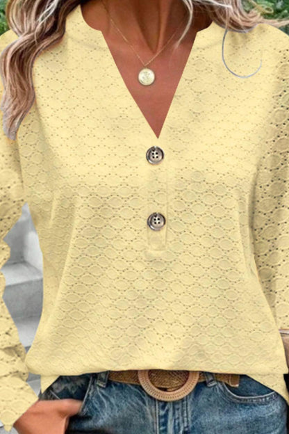 Eyelet Notched Long Sleeve T-Shirt - KevRow5760