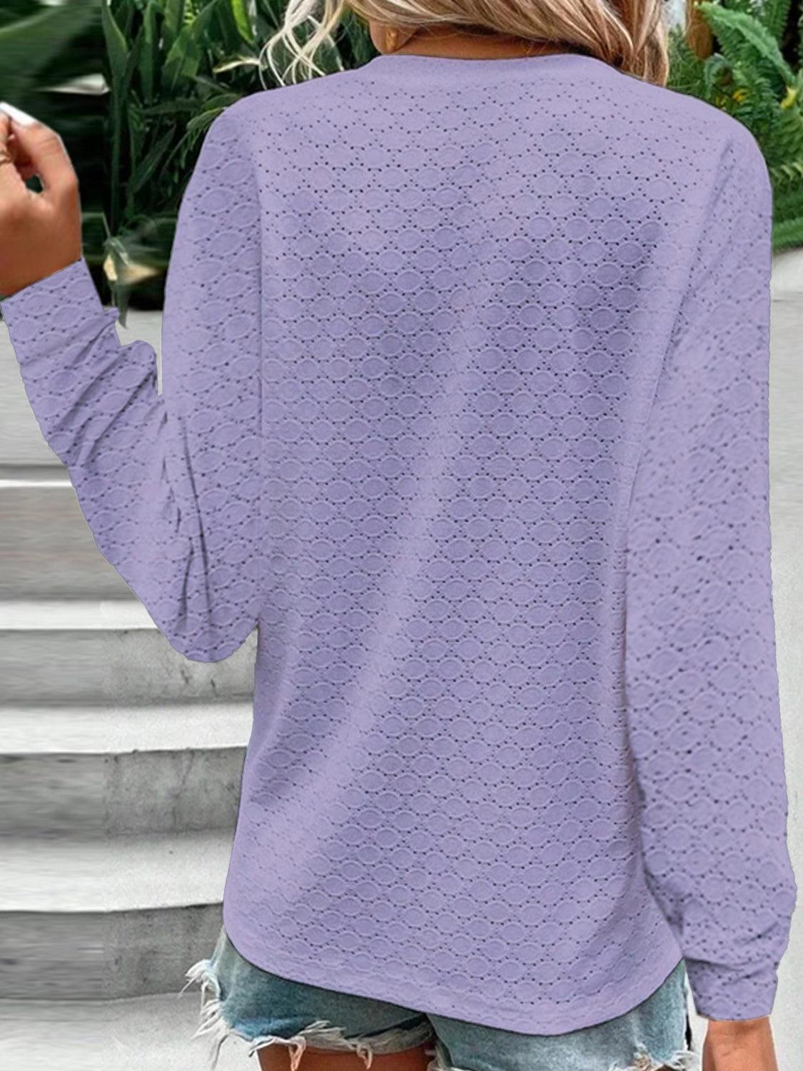 Eyelet Notched Long Sleeve T-Shirt - KevRow5760