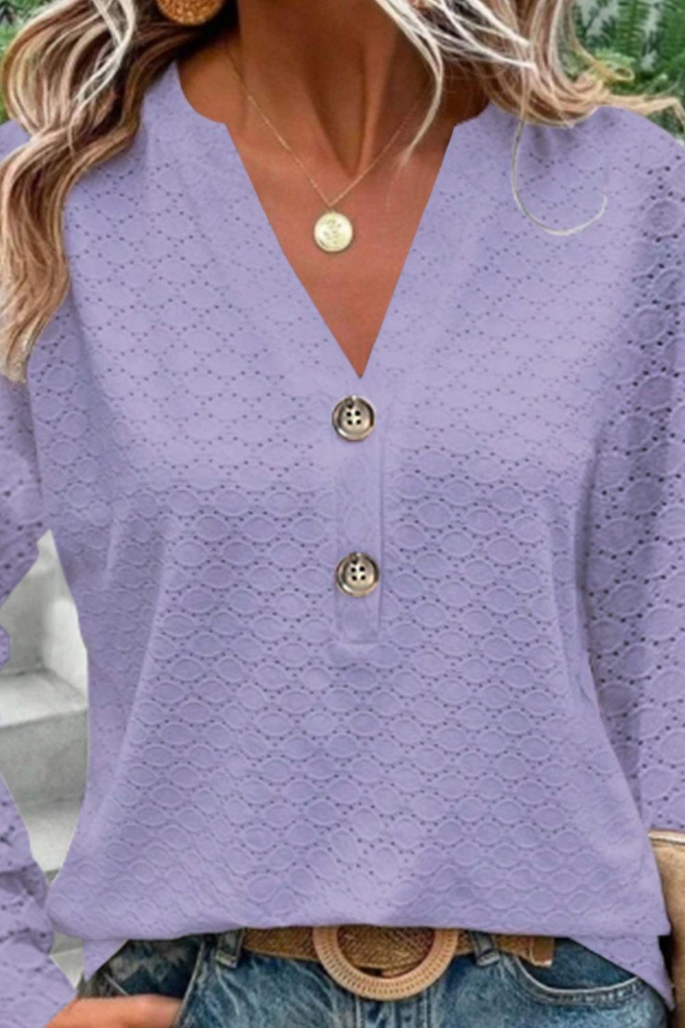 Eyelet Notched Long Sleeve T-Shirt - KevRow5760