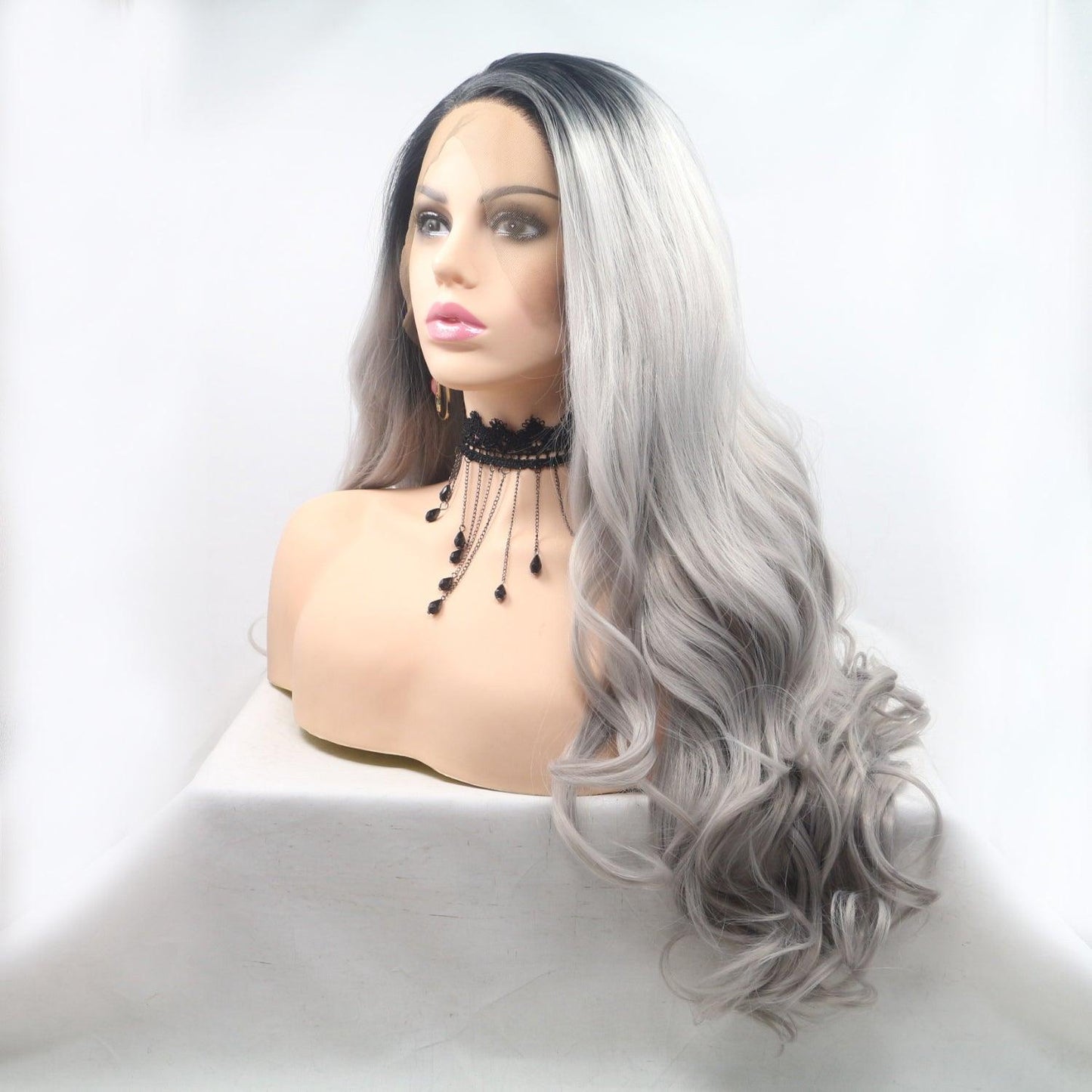 13*3" Lace Front Synthetic Long Wavy Gray Wig with 130% Density