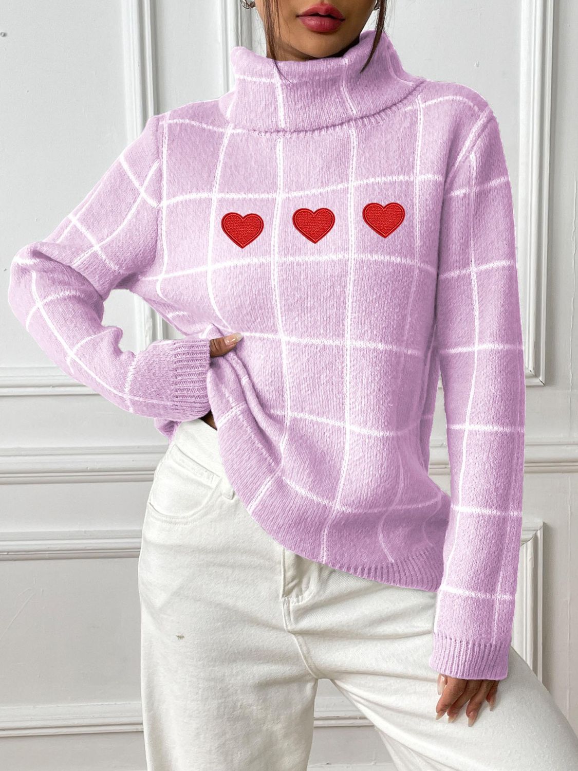 Heart Plaid Turtleneck Long Sleeve Sweater