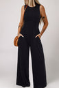 Black Cinched Waist Sleeveless Wide Leg Jumpsuit