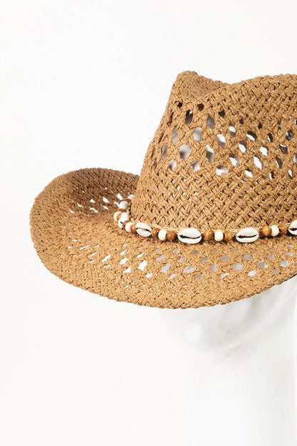 Fame Cowrie Shell Beaded String Straw Hat - KevRow5760