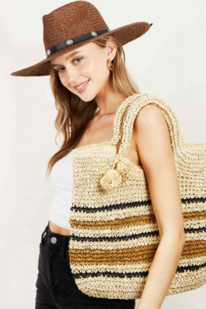 Fame Striped Straw Braided Tote Bag - KevRow5760