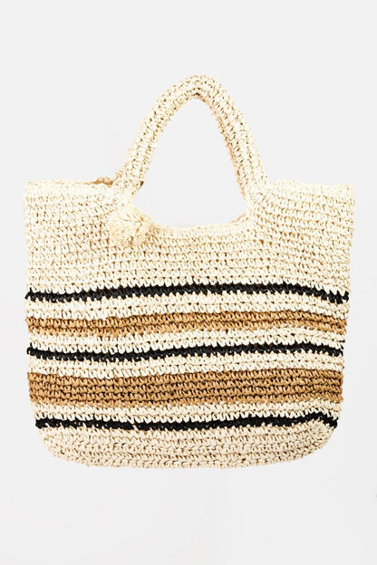 Fame Striped Straw Braided Tote Bag - KevRow5760