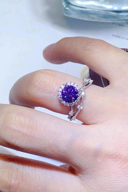 1-Carat Moissanite 925 Sterling Silver Ring with Purple Stone and Sparkling Accents