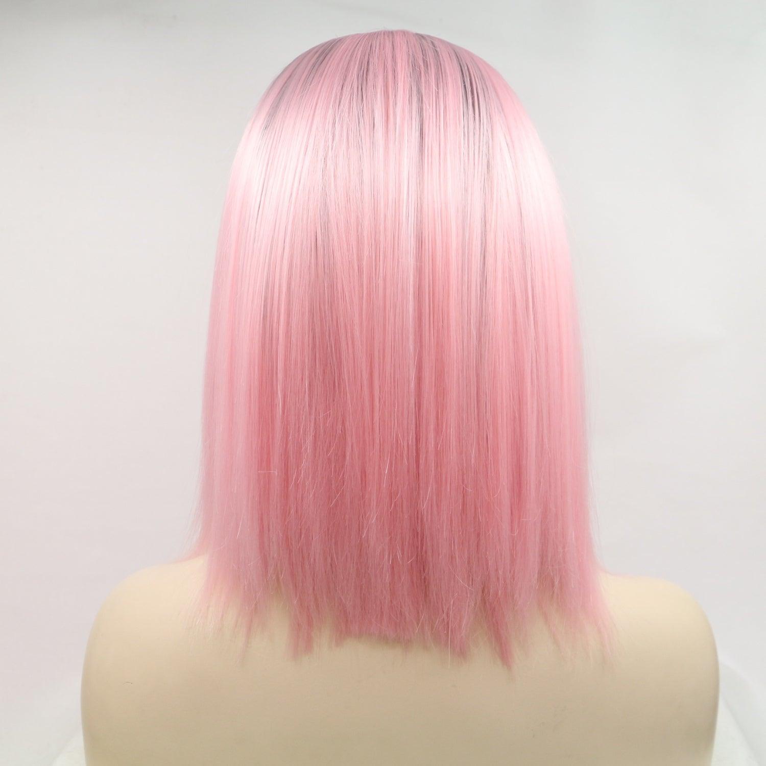 Elegant mid-length synthetic wig with straight, vibrant pink hair and a lace front design for natural styling.