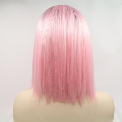 Elegant mid-length synthetic wig with straight, vibrant pink hair and a lace front design for natural styling.