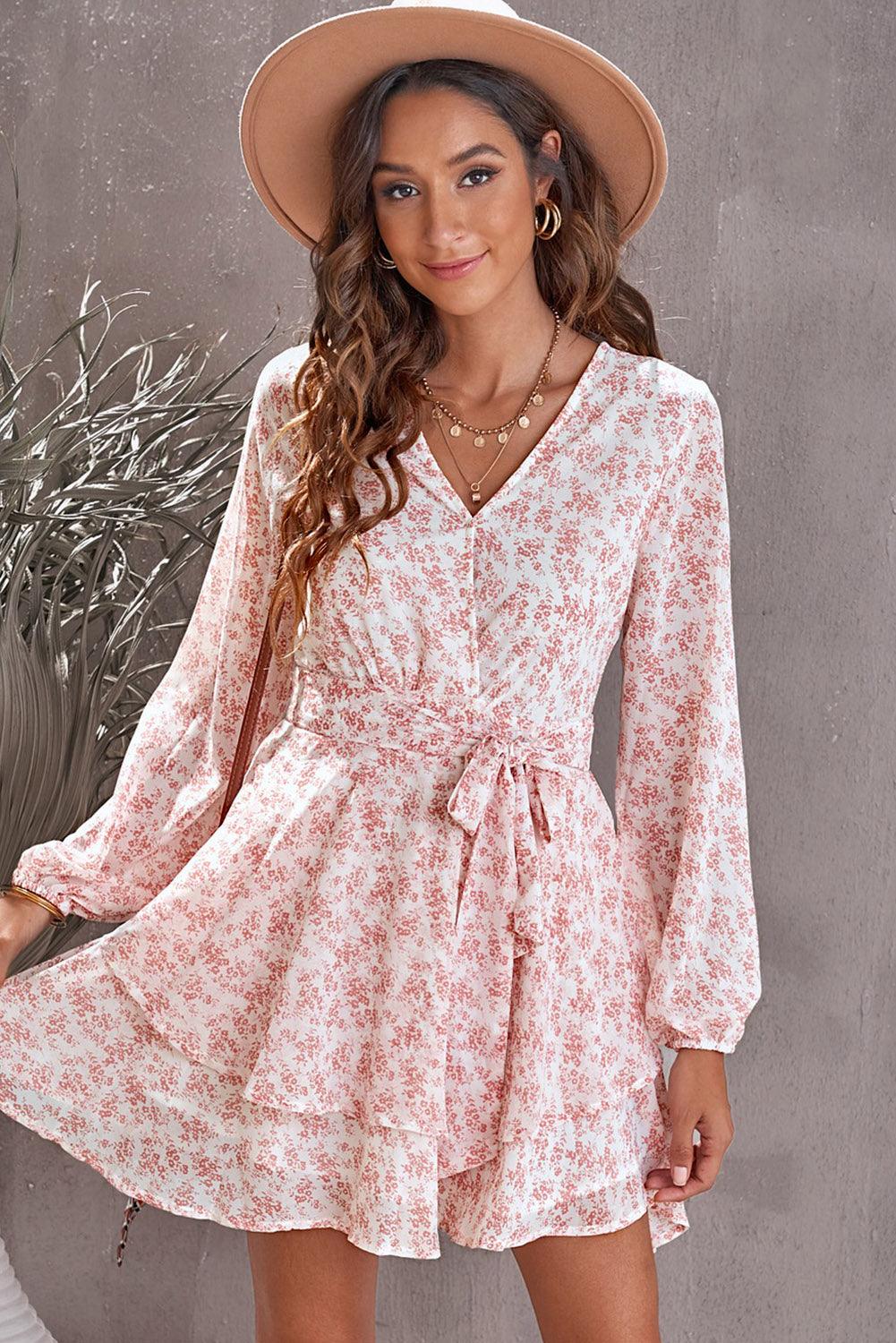 Floral Surplice Balloon Sleeve Layered Dress - KevRow5760