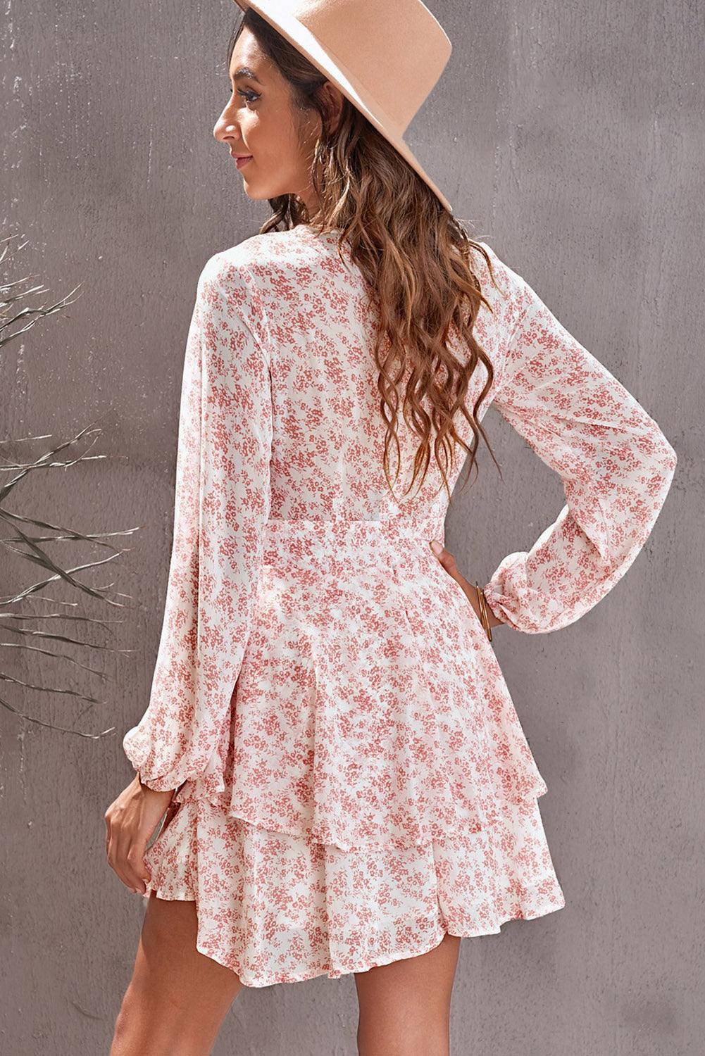 Floral Surplice Balloon Sleeve Layered Dress - KevRow5760