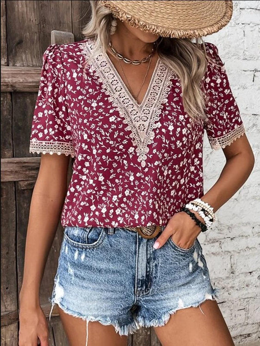 Full Size Printed V-Neck Short Sleeve Blouse - KevRow5760