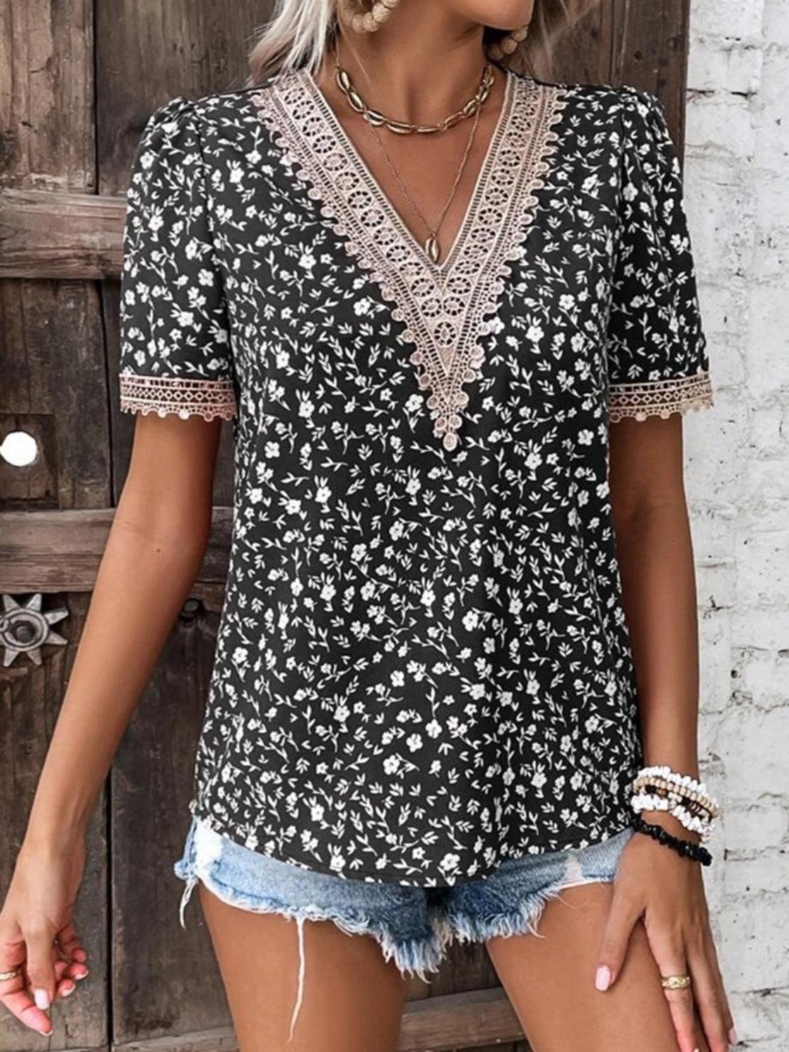 Full Size Printed V-Neck Short Sleeve Blouse - KevRow5760