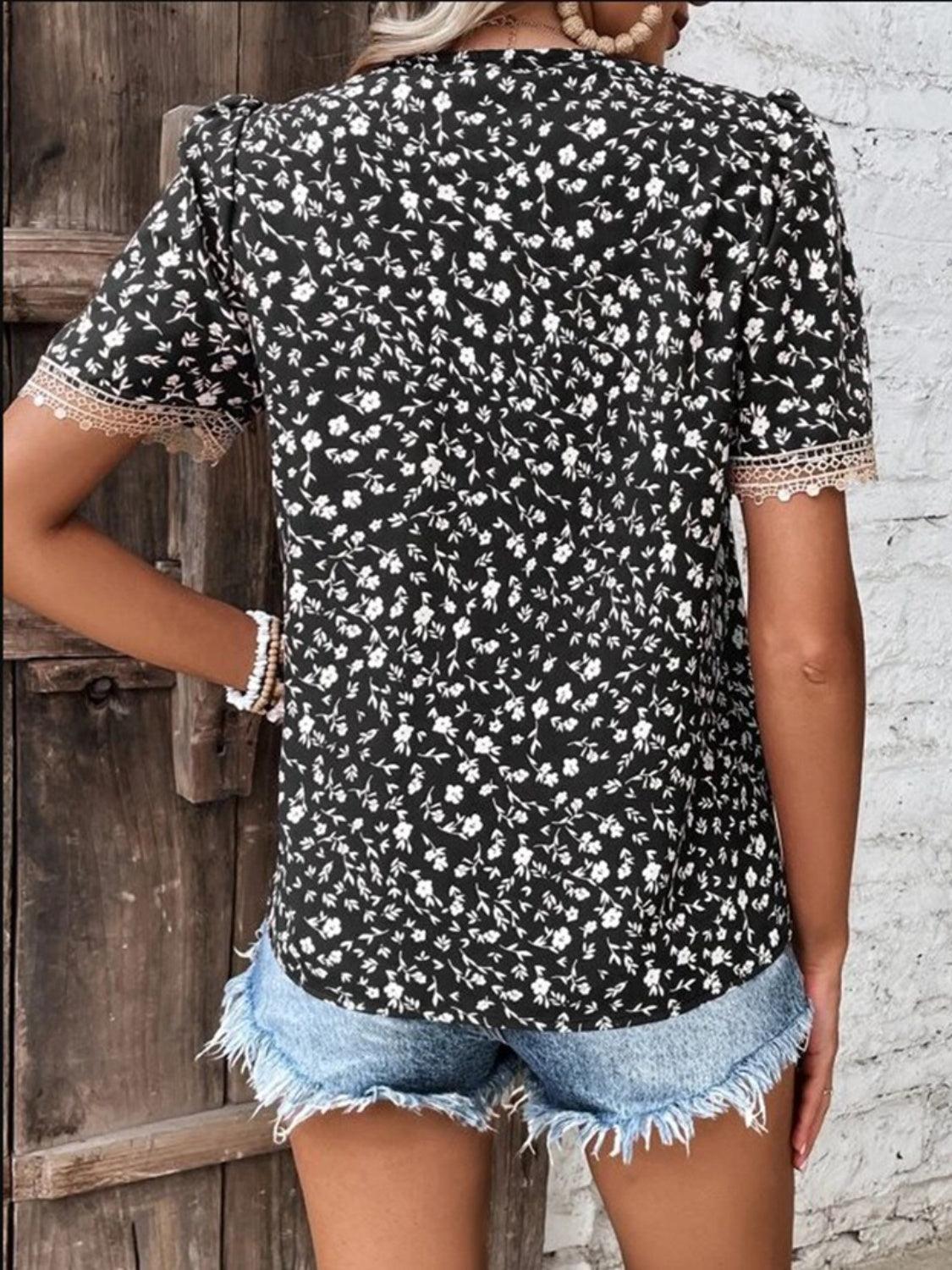 Full Size Printed V-Neck Short Sleeve Blouse - KevRow5760