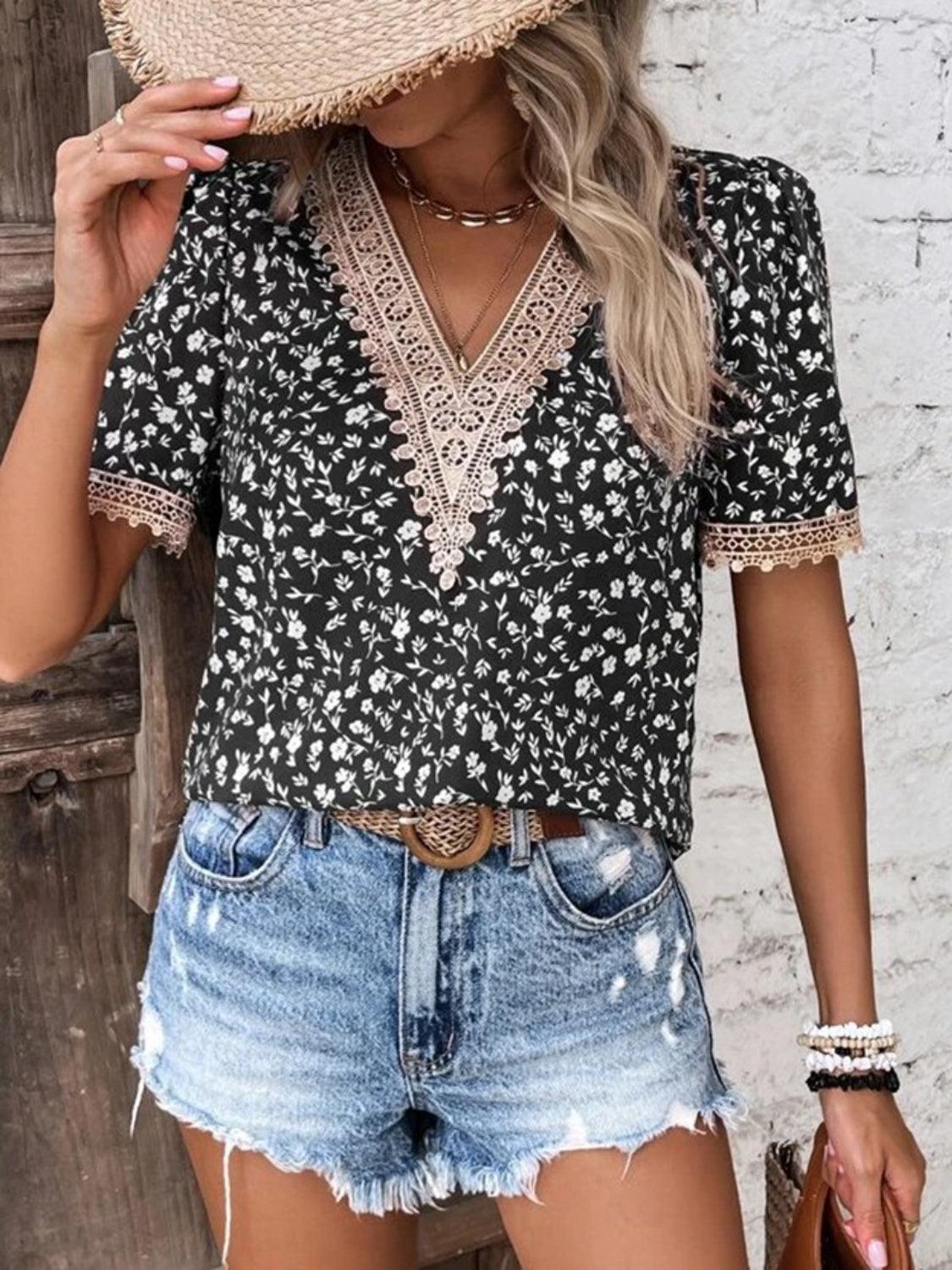 Full Size Printed V-Neck Short Sleeve Blouse - KevRow5760