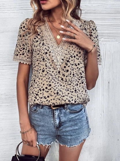 Full Size Printed V-Neck Short Sleeve Blouse - KevRow5760