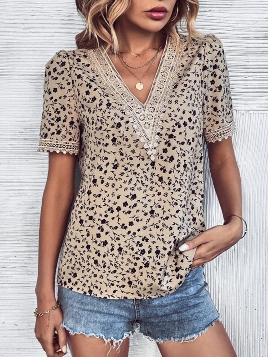 Full Size Printed V-Neck Short Sleeve Blouse - KevRow5760