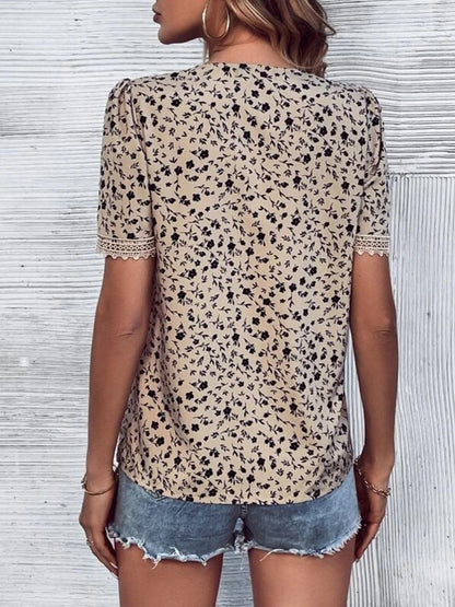 Full Size Printed V-Neck Short Sleeve Blouse - KevRow5760