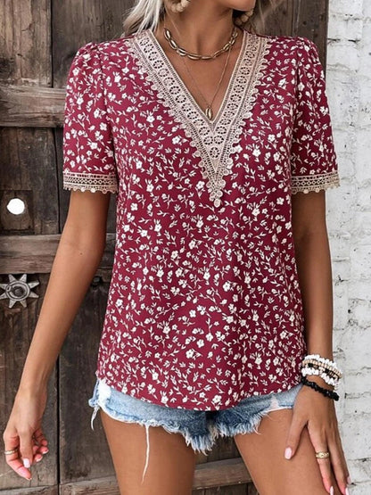 Full Size Printed V-Neck Short Sleeve Blouse - KevRow5760