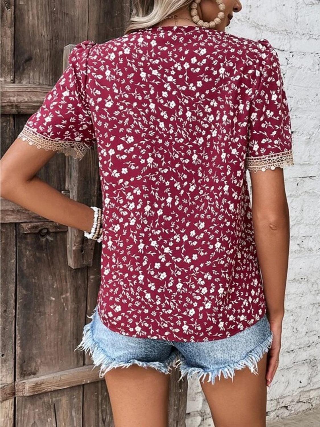 Full Size Printed V-Neck Short Sleeve Blouse - KevRow5760