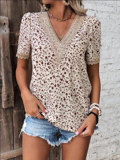 Full Size Printed V-Neck Short Sleeve Blouse - KevRow5760