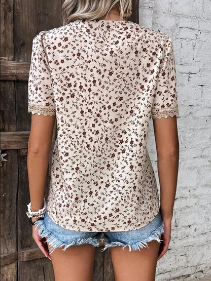 Full Size Printed V-Neck Short Sleeve Blouse - KevRow5760