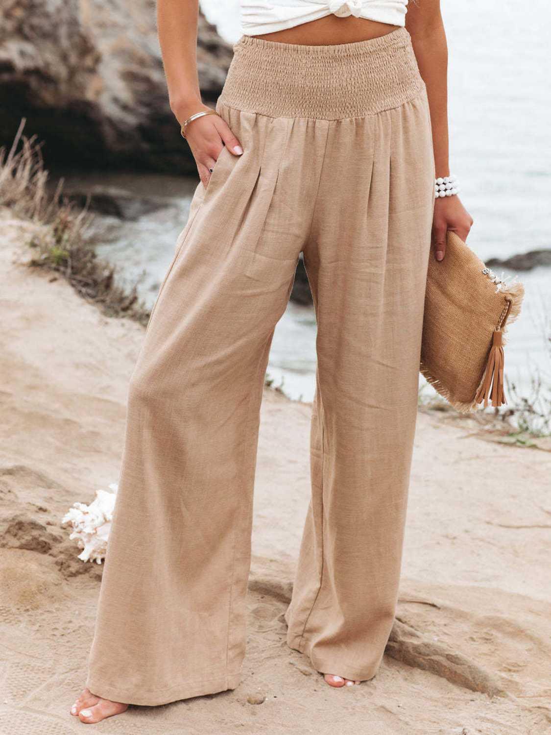 Full Size Smocked Waist Wide Leg Pants - KevRow5760