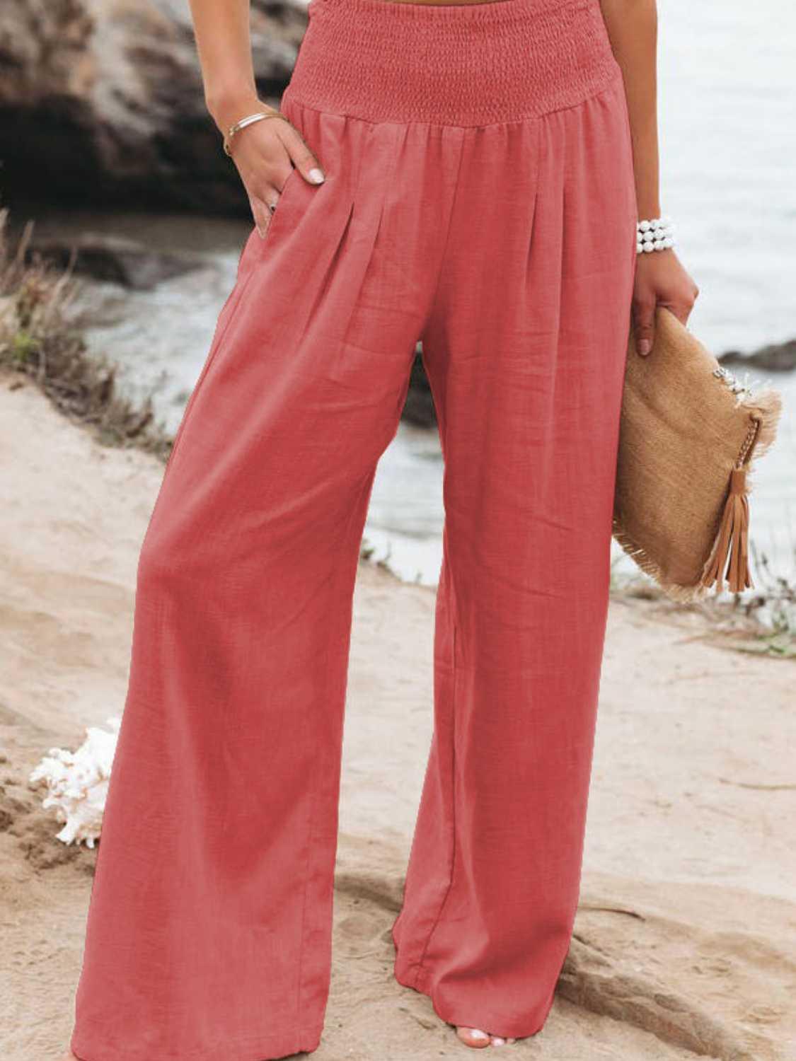 Full Size Smocked Waist Wide Leg Pants - KevRow5760