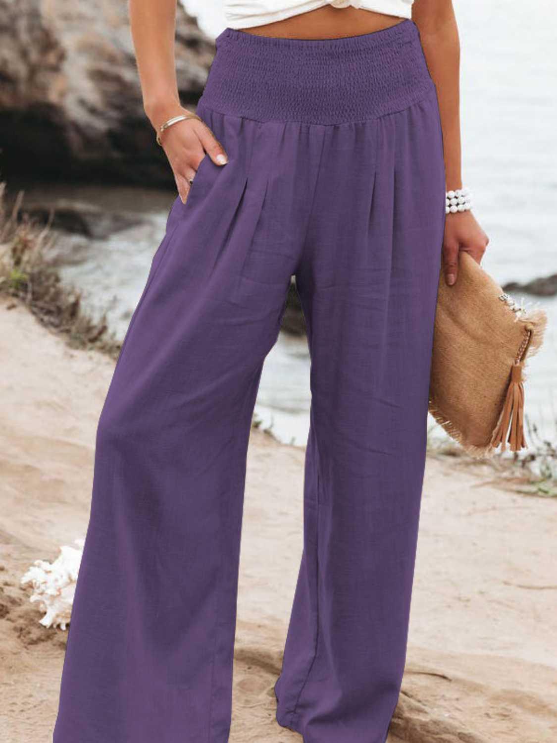 Full Size Smocked Waist Wide Leg Pants - KevRow5760