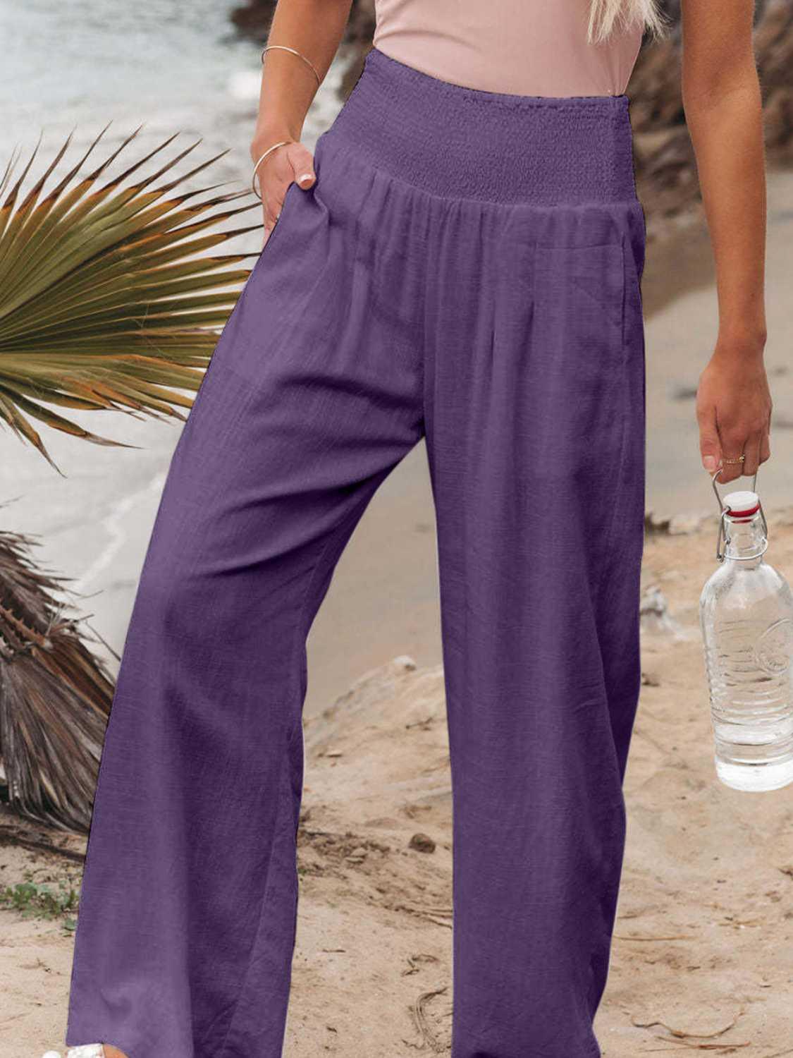 Full Size Smocked Waist Wide Leg Pants - KevRow5760