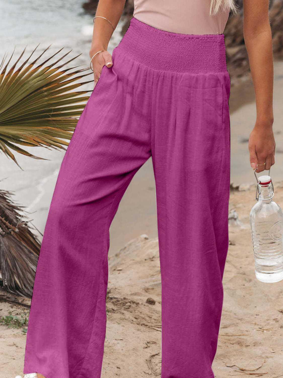 Full Size Smocked Waist Wide Leg Pants - KevRow5760