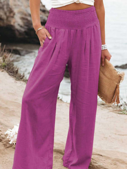 Full Size Smocked Waist Wide Leg Pants - KevRow5760