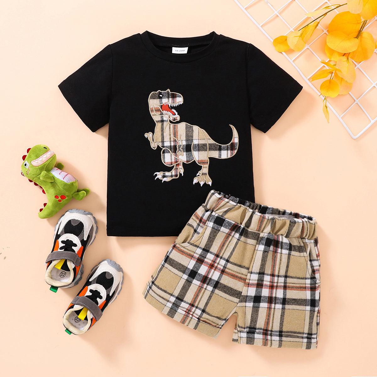 Kids Dinosaur Graphic Tee and Plaid Shorts Set - KevRow5760