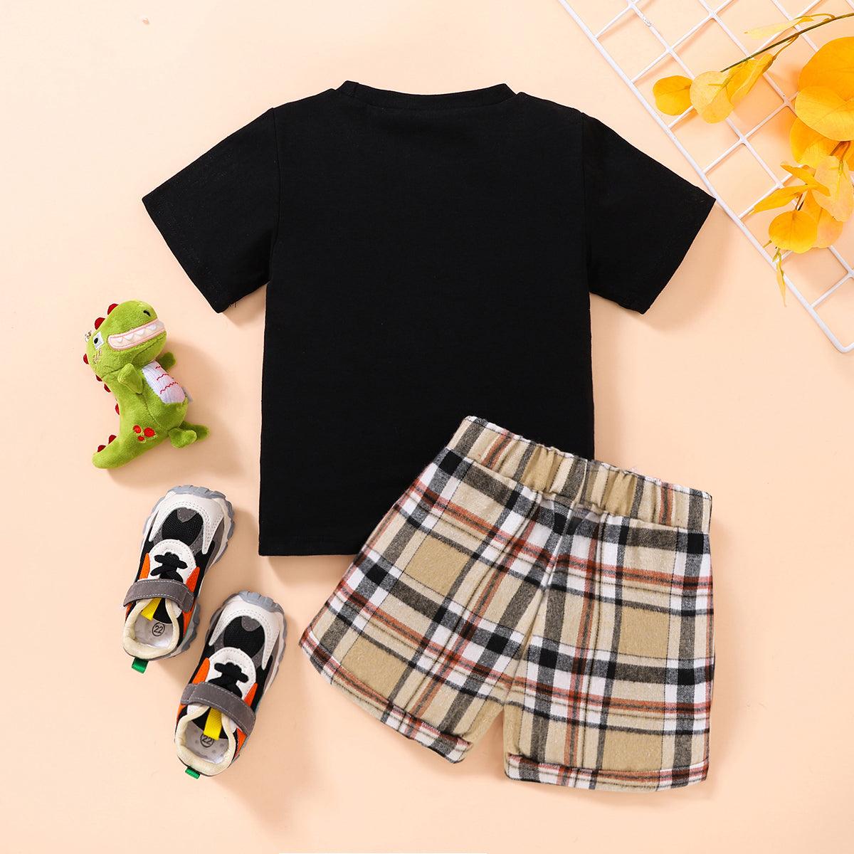 Kids Dinosaur Graphic Tee and Plaid Shorts Set - KevRow5760