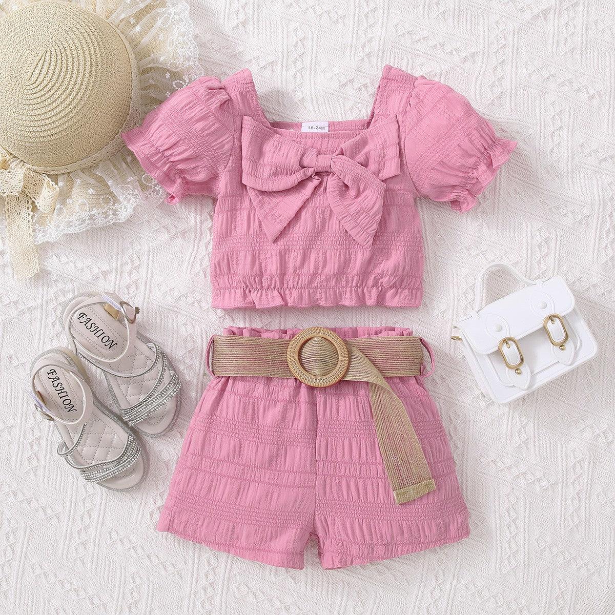 Kids Textured Bow Detail Top and Belted Shorts Set - KevRow5760