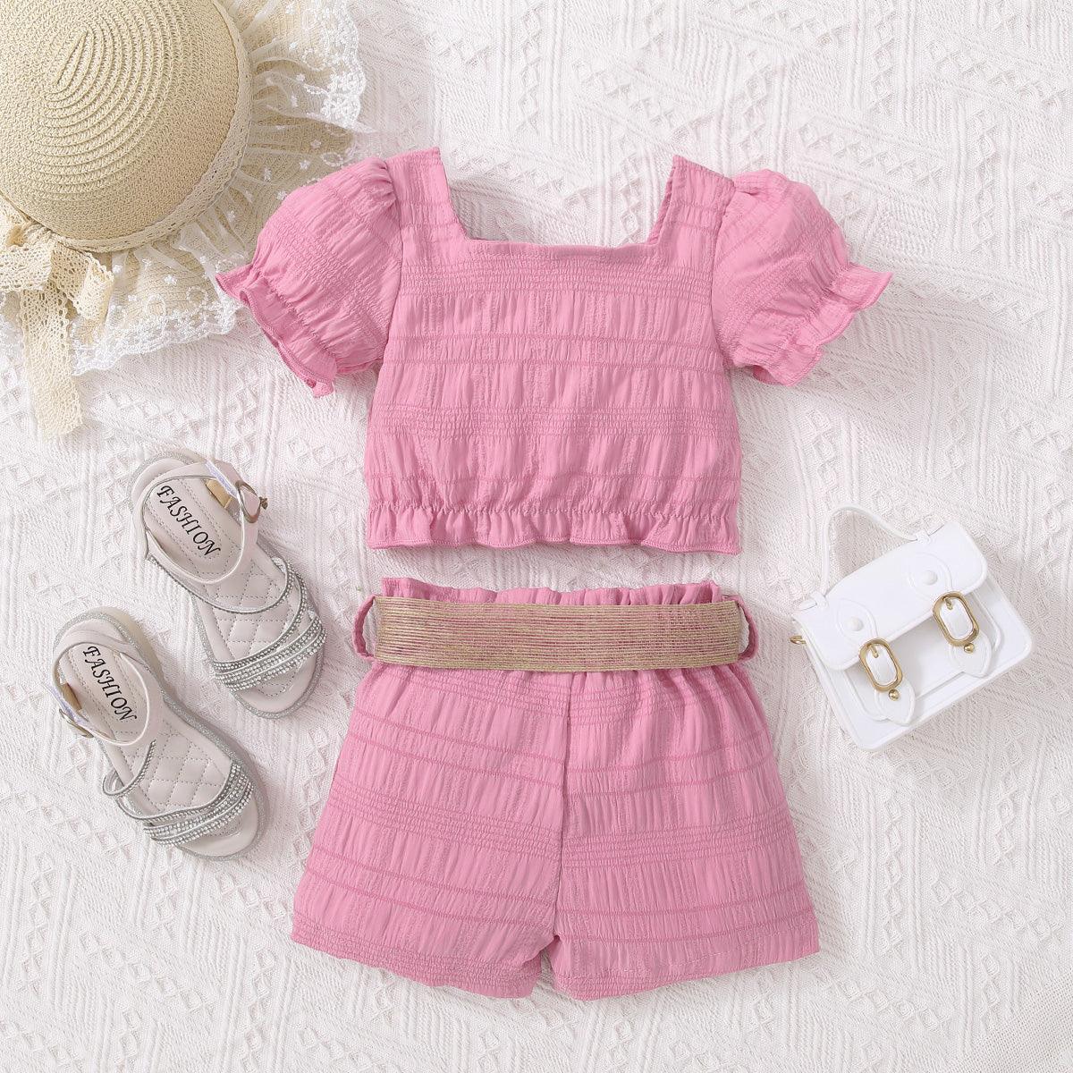 Kids Textured Bow Detail Top and Belted Shorts Set - KevRow5760